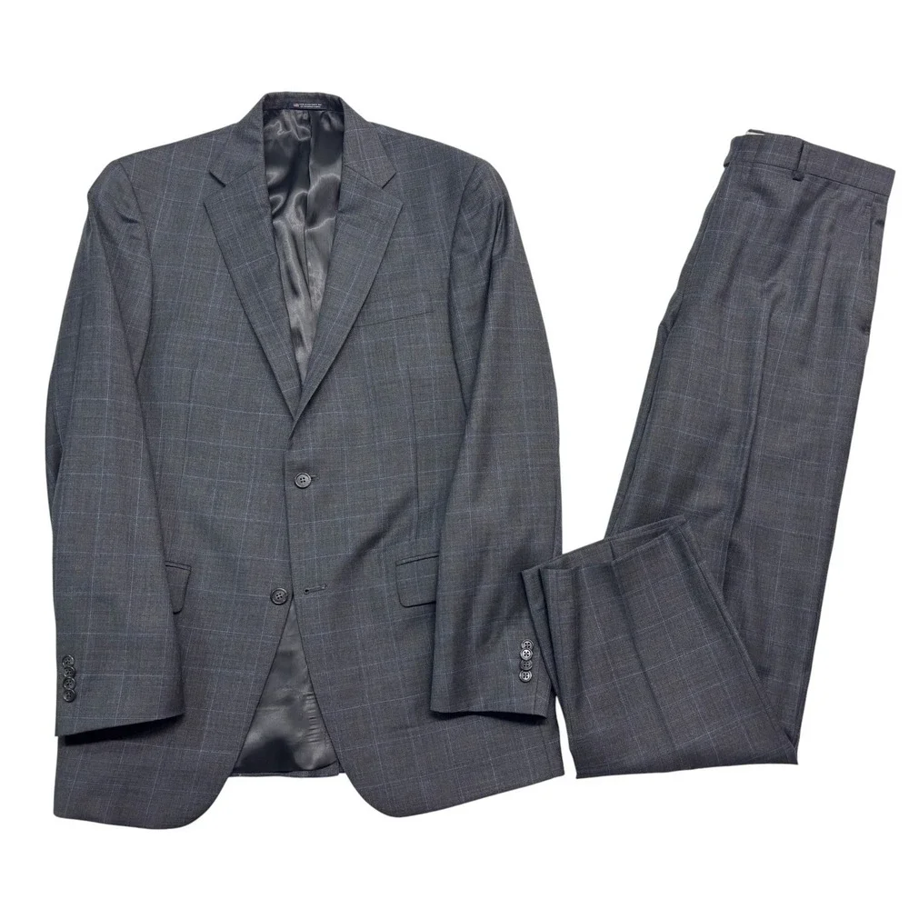 Hart Schaffner Marx 40L 34x30 Charcoal Windowpane 2pc Pant Suit USA Wool Chicago